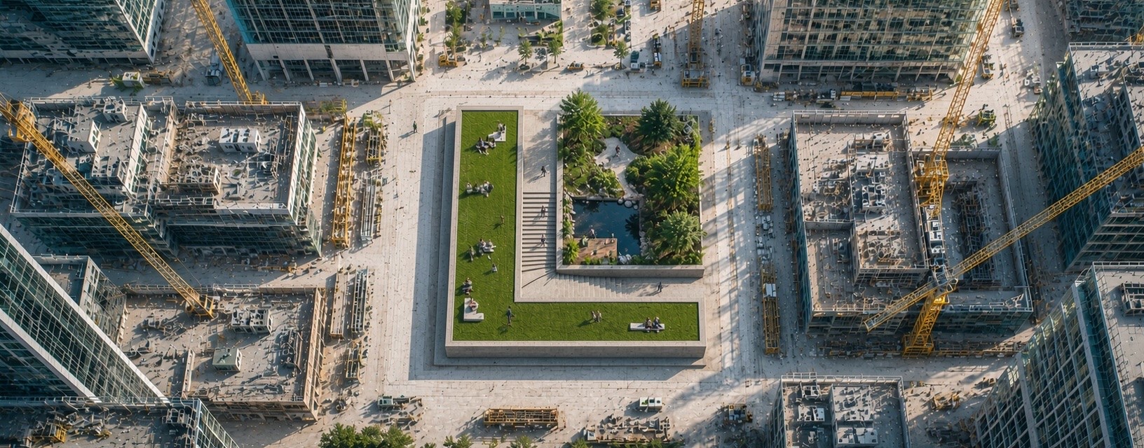 Aerial view of an urban construction site with the SP4N mark landscaped at its center